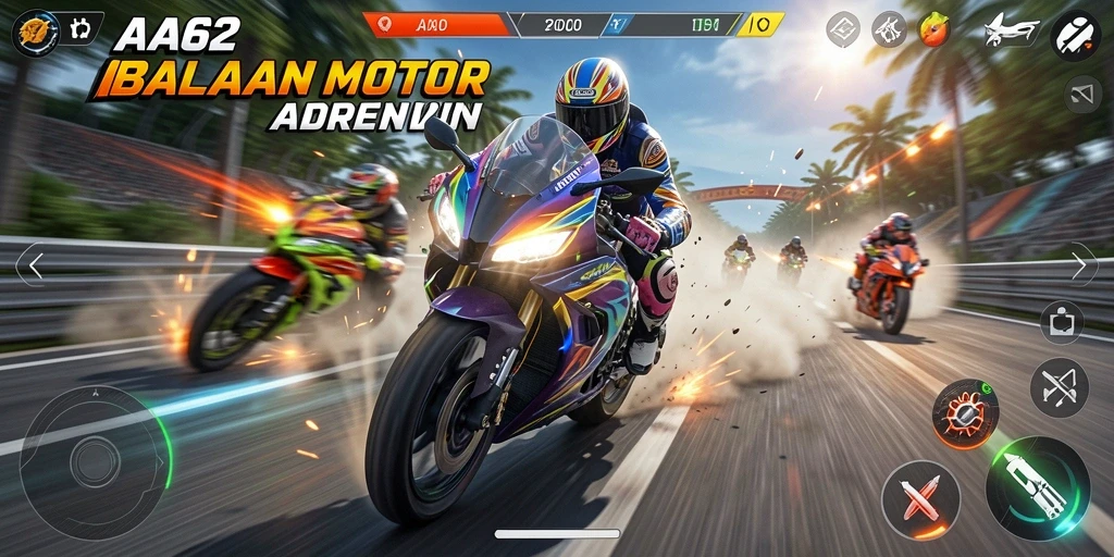 Tangkapan layar utama AA62 menampilkan aksi balapan motor yang seru.